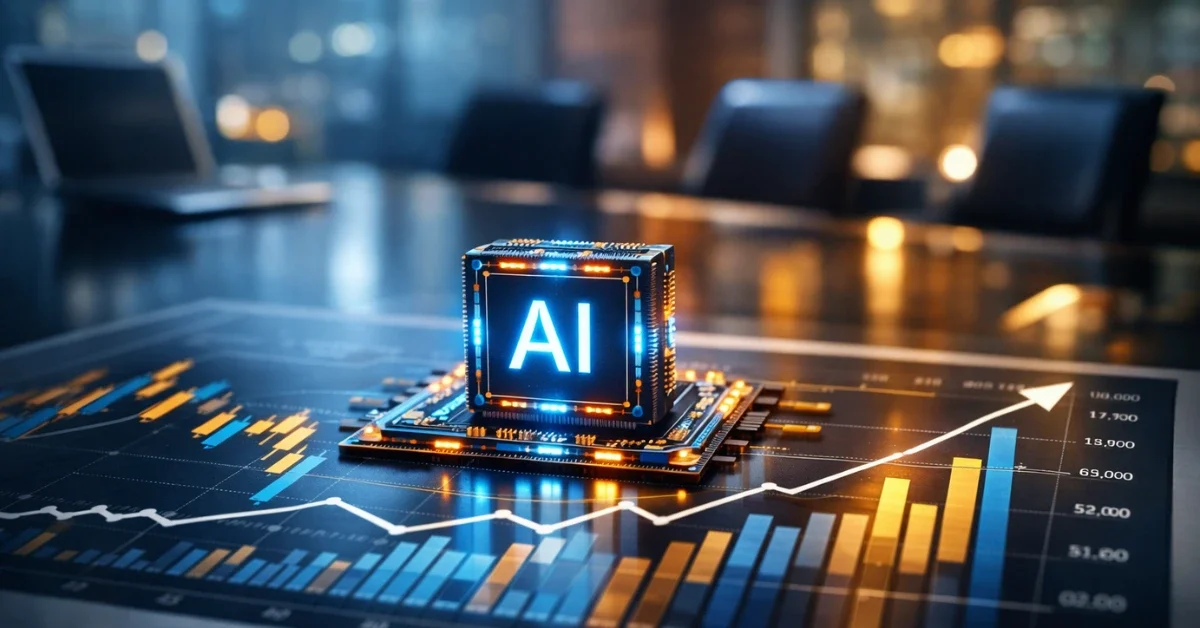 A glowing artificial intelligence microchip resting on an upward-trending financial chart in a modern corporate setting.