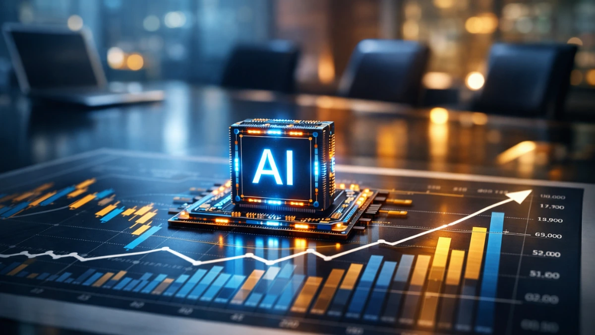 A glowing artificial intelligence microchip resting on an upward-trending financial chart in a modern corporate setting.
