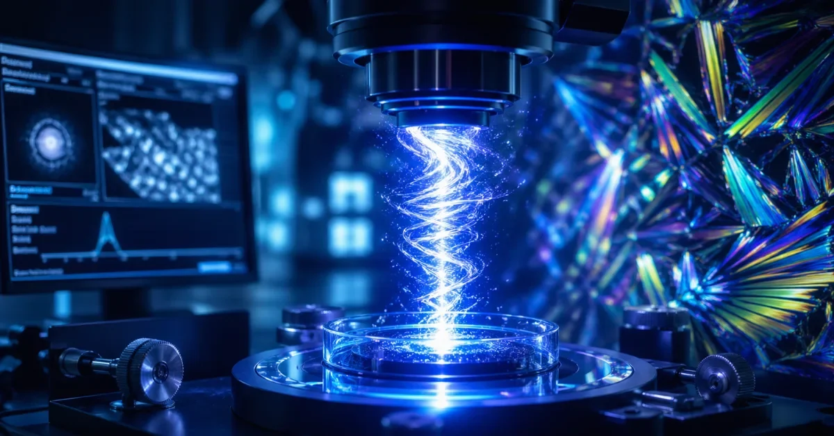 A glowing, miniature swirling vortex of blue laser light representing an optical tornado within a microscopic liquid crystal structure.