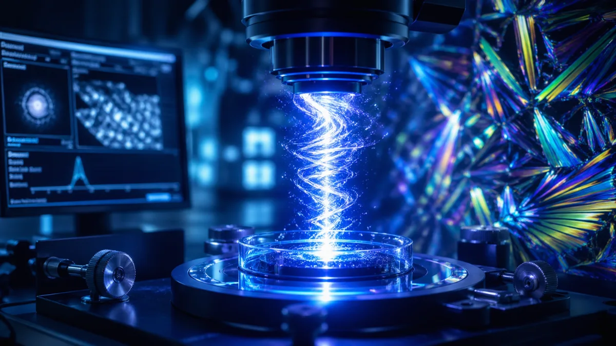 A glowing, miniature swirling vortex of blue laser light representing an optical tornado within a microscopic liquid crystal structure.