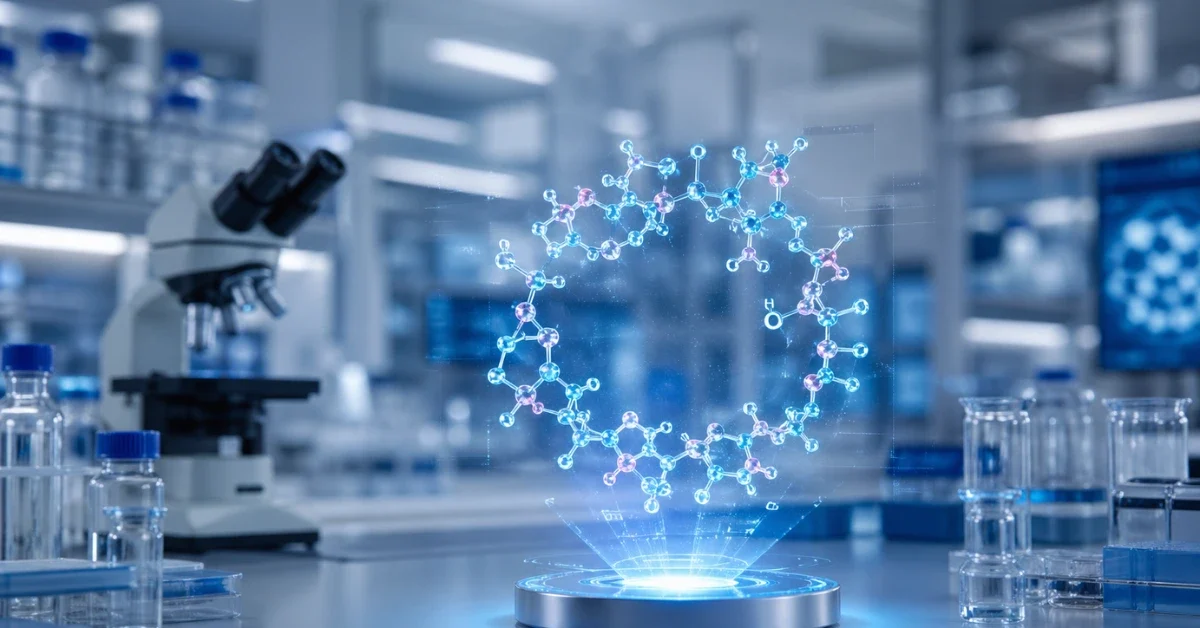 A 3D holographic projection of a circular molecular ring structure floating above a lab bench in a modern, brightly lit scientific laboratory.