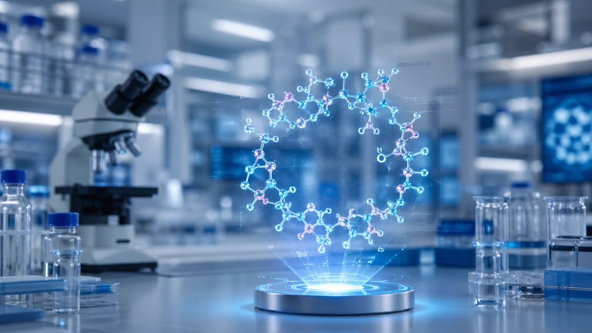 A 3D holographic projection of a circular molecular ring structure floating above a lab bench in a modern, brightly lit scientific laboratory.