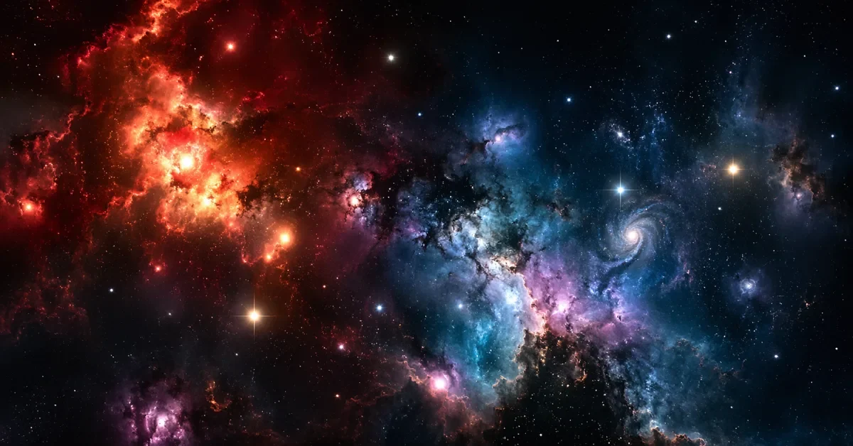 A hyper-realistic wide shot of the expanding universe featuring glowing galaxies, red giant stars, and colorful nebulas against a dark cosmic background.