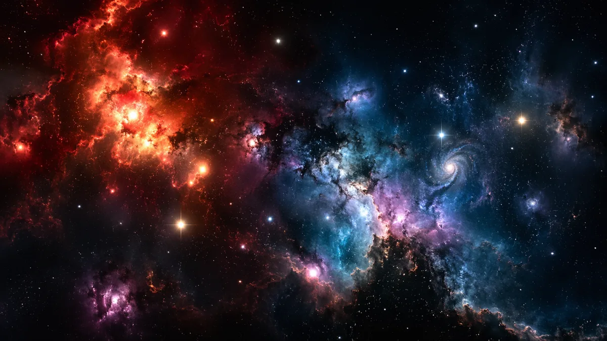 A hyper-realistic wide shot of the expanding universe featuring glowing galaxies, red giant stars, and colorful nebulas against a dark cosmic background.
