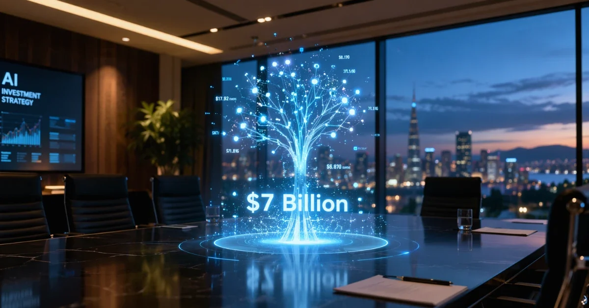 A sleek corporate boardroom overlooking Silicon Valley at dusk, featuring a glowing holographic projection of a data tree and the text $7 Billion hovering over a conference table.