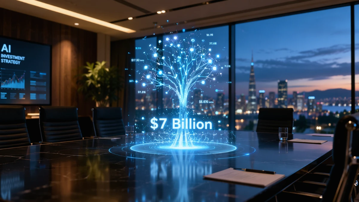 A sleek corporate boardroom overlooking Silicon Valley at dusk, featuring a glowing holographic projection of a data tree and the text $7 Billion hovering over a conference table.
