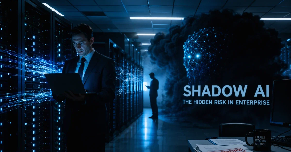 A conceptual illustration of Shadow AI showing glowing data streams and a shadowy artificial intelligence network in a corporate server room.