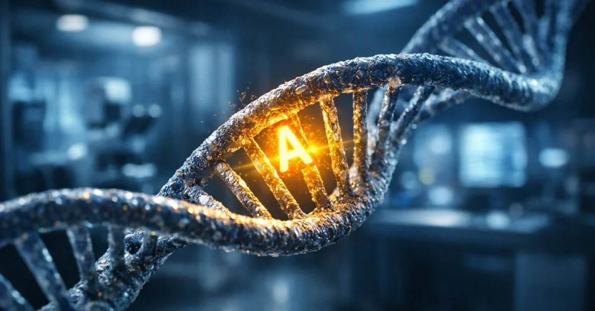 A glowing DNA double helix with one highlighted genetic letter in a modern laboratory setting.
