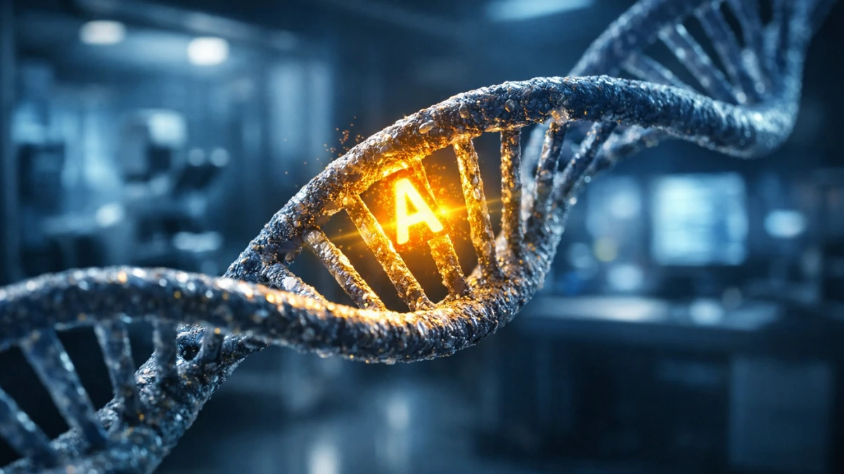 A glowing DNA double helix with one highlighted genetic letter in a modern laboratory setting.