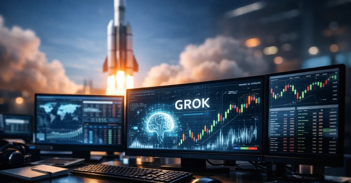 A high-tech trading desk with glowing monitors displaying AI data and financial charts, with a rocket launching into space in the background, representing the intersection of Wall Street and the SpaceX IPO.