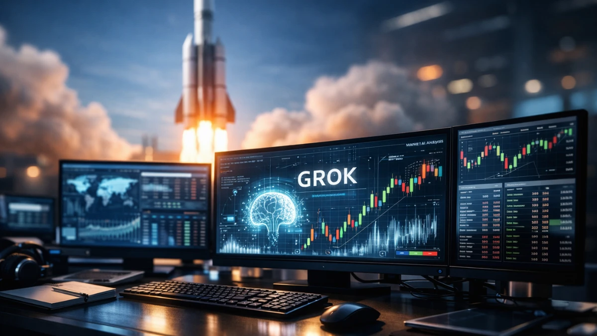 A high-tech trading desk with glowing monitors displaying AI data and financial charts, with a rocket launching into space in the background, representing the intersection of Wall Street and the SpaceX IPO.