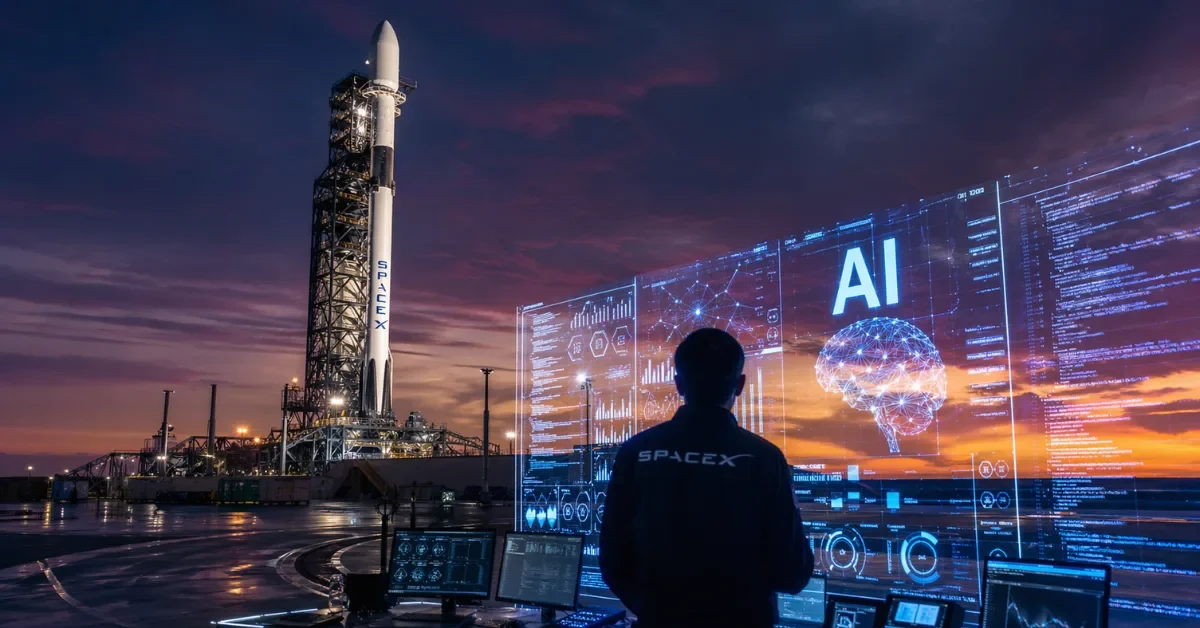SpaceX launch facility at dusk with a Falcon rocket on the launchpad and AI data visualizations in the foreground, symbolizing SpaceX's expansion into artificial intelligence and its planned IPO.
