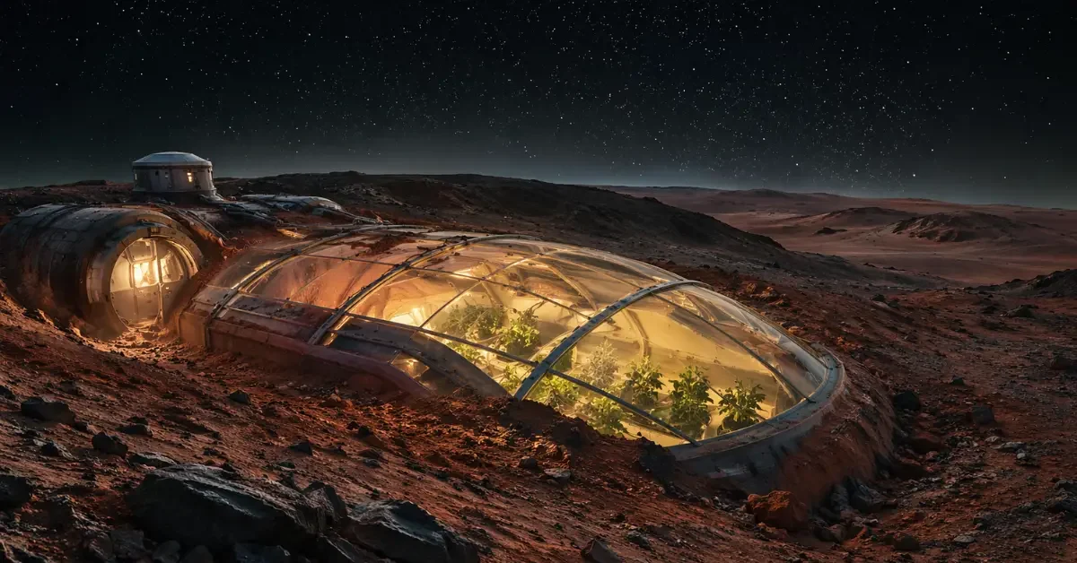 A futuristic human habitat and glowing greenhouse partially buried in the red dirt of the Martian landscape under a dark sky.