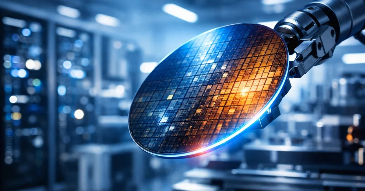 A glowing silicon wafer held by a robotic arm in a modern semiconductor manufacturing facility, representing advanced AI chip production.