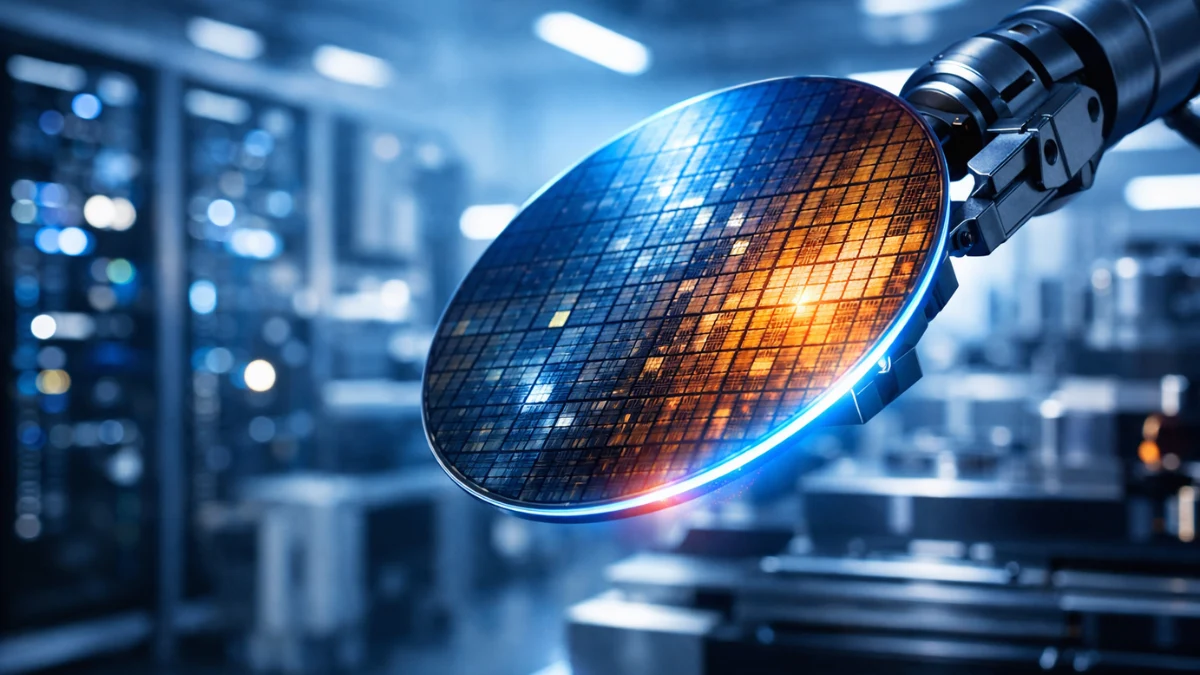 A glowing silicon wafer held by a robotic arm in a modern semiconductor manufacturing facility, representing advanced AI chip production.