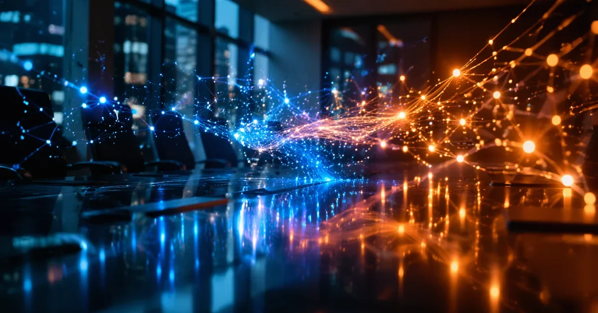 Glowing digital neural networks and data streams reflecting off a dark glass table, representing the advanced artificial intelligence technology race.