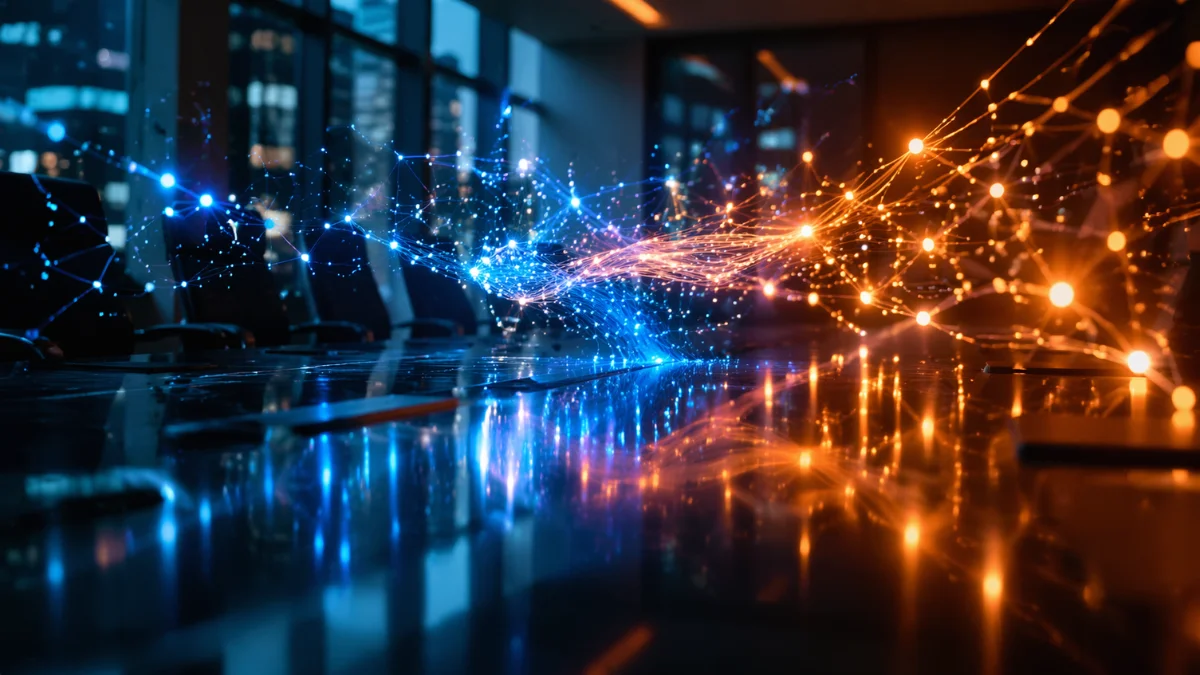 Glowing digital neural networks and data streams reflecting off a dark glass table, representing the advanced artificial intelligence technology race.