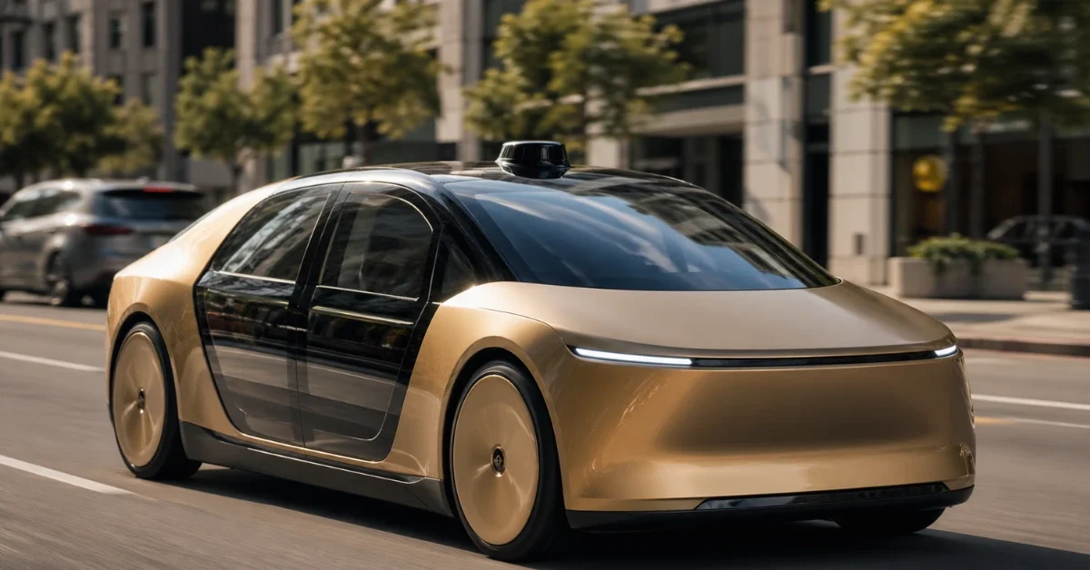A gold-colored driverless Tesla Cybercab is navigating a bright city street without a steering wheel or pedals.