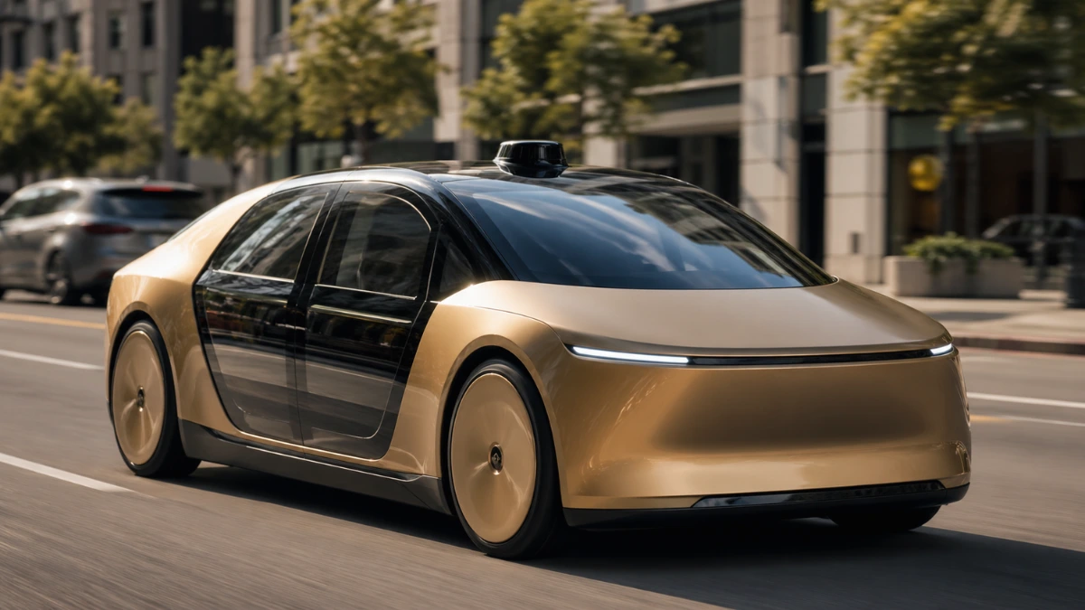 A gold-colored driverless Tesla Cybercab is navigating a bright city street without a steering wheel or pedals.