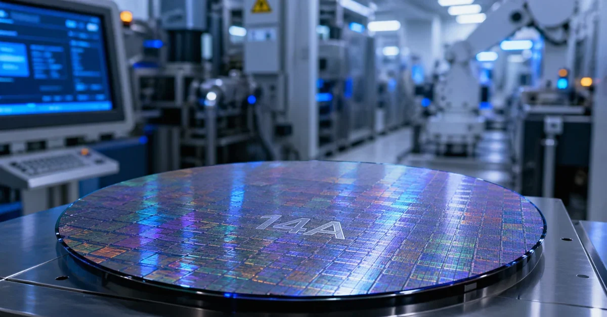 A glowing advanced silicon semiconductor wafer resting on a metallic surface inside a futuristic high-tech cleanroom facility.