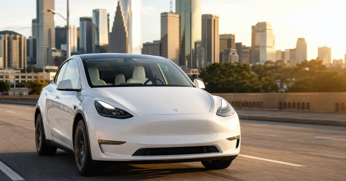 A white Tesla Model Y robotaxi driving autonomously on an urban street in Texas with no driver visible in the front seat, city skyline softly blurred in the background at golden hour.