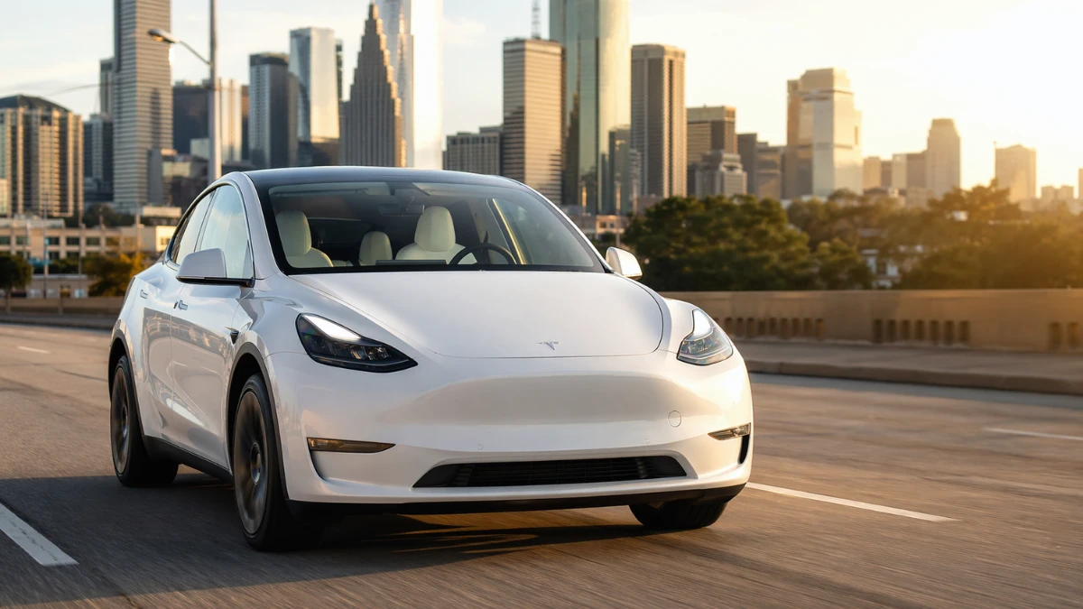 A white Tesla Model Y robotaxi driving autonomously on an urban street in Texas with no driver visible in the front seat, city skyline softly blurred in the background at golden hour.