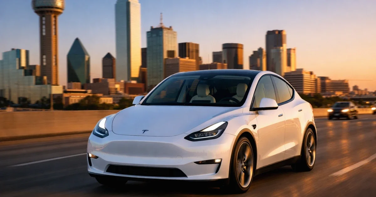A driverless white Tesla Model Y operating as an autonomous robotaxi on a Dallas city road with no driver in the front seat, shot during golden hour with an urban skyline in the background.