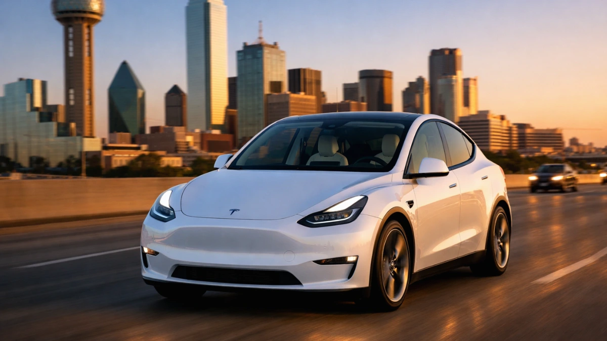 A driverless white Tesla Model Y operating as an autonomous robotaxi on a Dallas city road with no driver in the front seat, shot during golden hour with an urban skyline in the background.