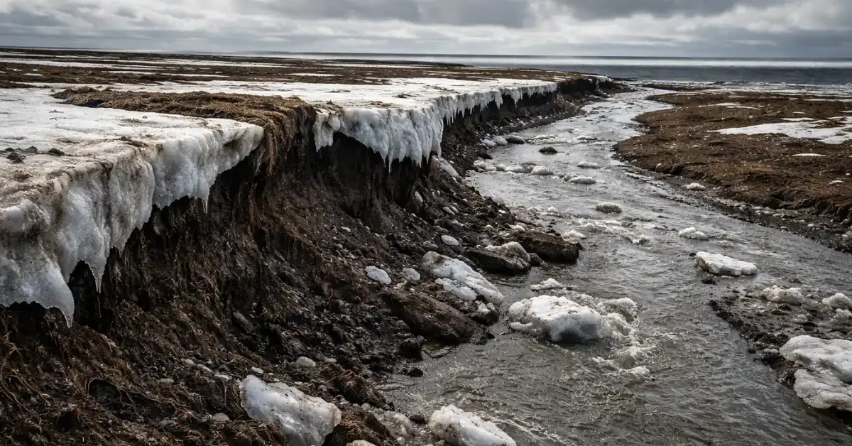 A crumbling Arctic riverbank exposing dark soil as thawing permafrost releases ancient carbon into a sprawling, frigid river under overcast skies.