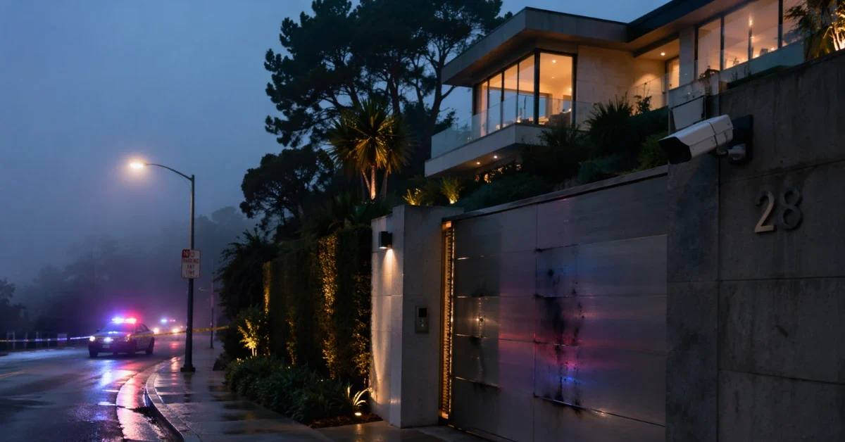 A heavily secured luxury home in San Francisco at dawn, illuminated by subtle police lights following a reported security incident.