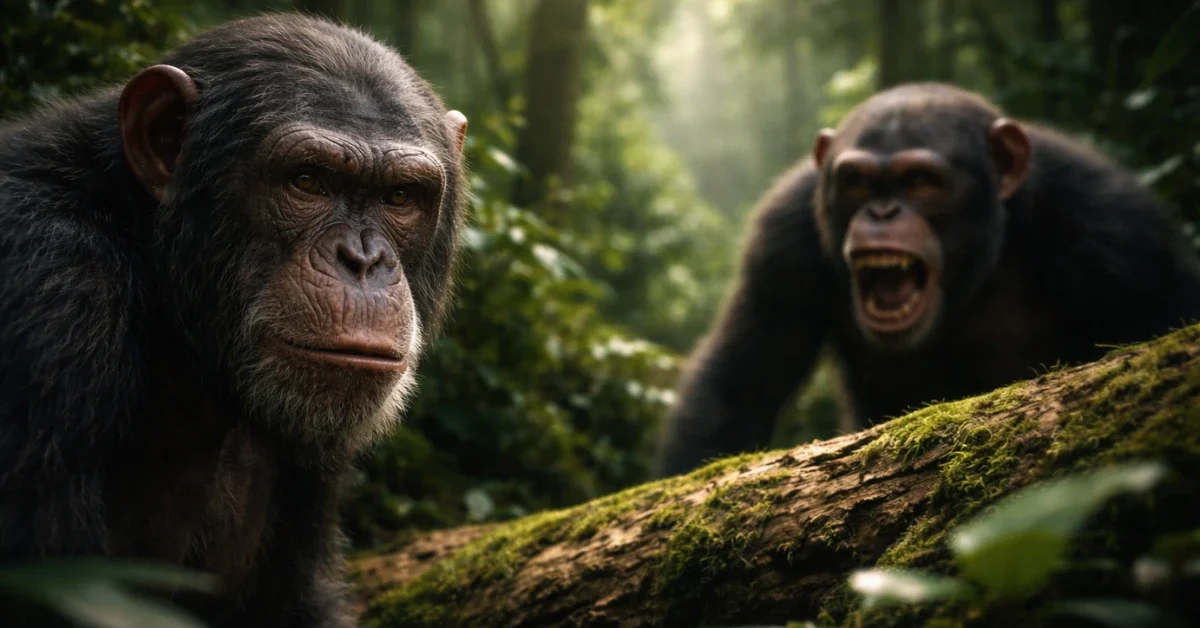 Two wild chimpanzees with tense, alert expressions facing each other across a fallen log in a dense African rainforest, symbolizing the division and rivalry within the Ngogo community.
