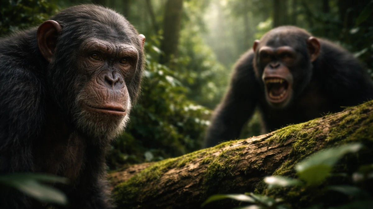 Two wild chimpanzees with tense, alert expressions facing each other across a fallen log in a dense African rainforest, symbolizing the division and rivalry within the Ngogo community.