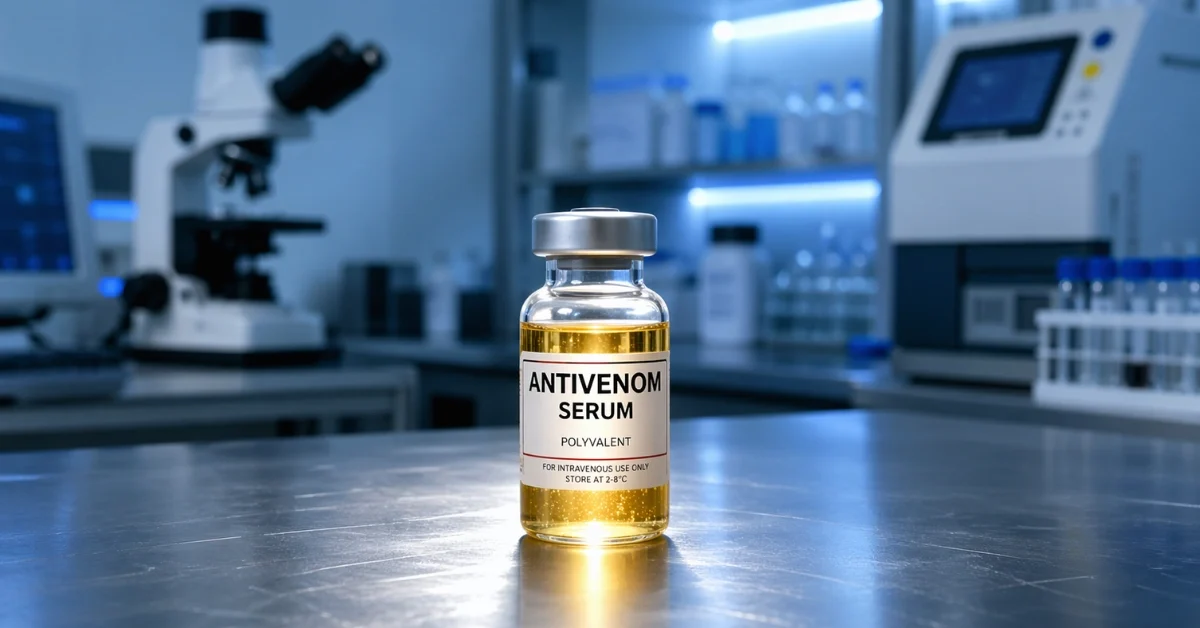 A glowing glass vial of golden snake antivenom sits on a stainless steel table in a modern biomedical laboratory.