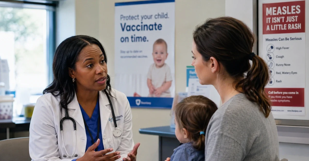 A healthcare professional speaks with a parent in a clinic while vaccine and measles awareness materials are visible in the background.