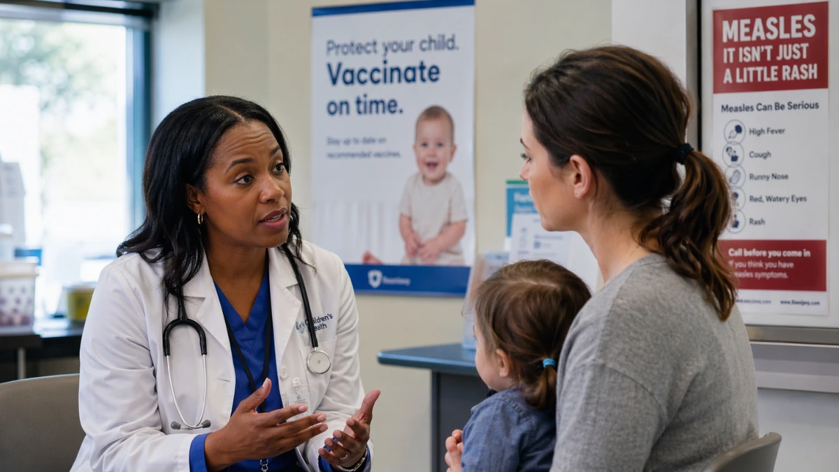 A healthcare professional speaks with a parent in a clinic while vaccine and measles awareness materials are visible in the background.