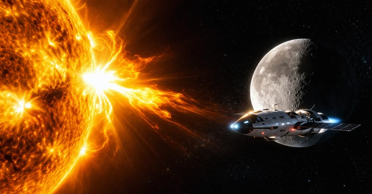 A bright golden solar flare erupting from the sun in deep space, with a spacecraft orbiting the moon in the distance.