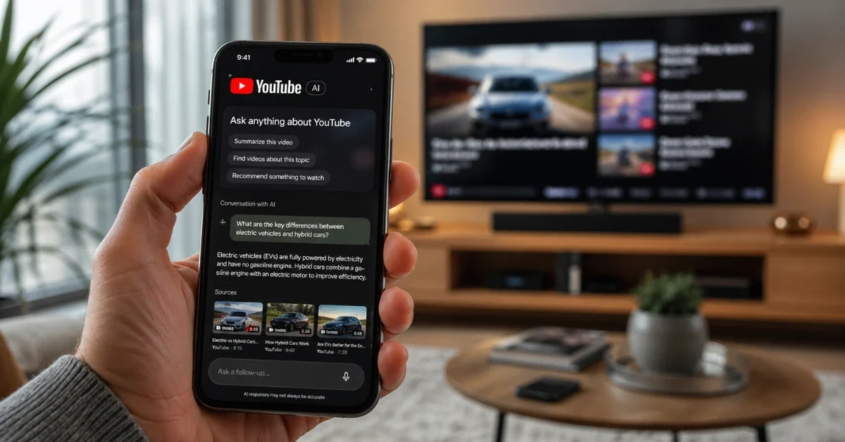 A person using a smartphone with a conversational AI search interface, representing the new Ask YouTube feature.