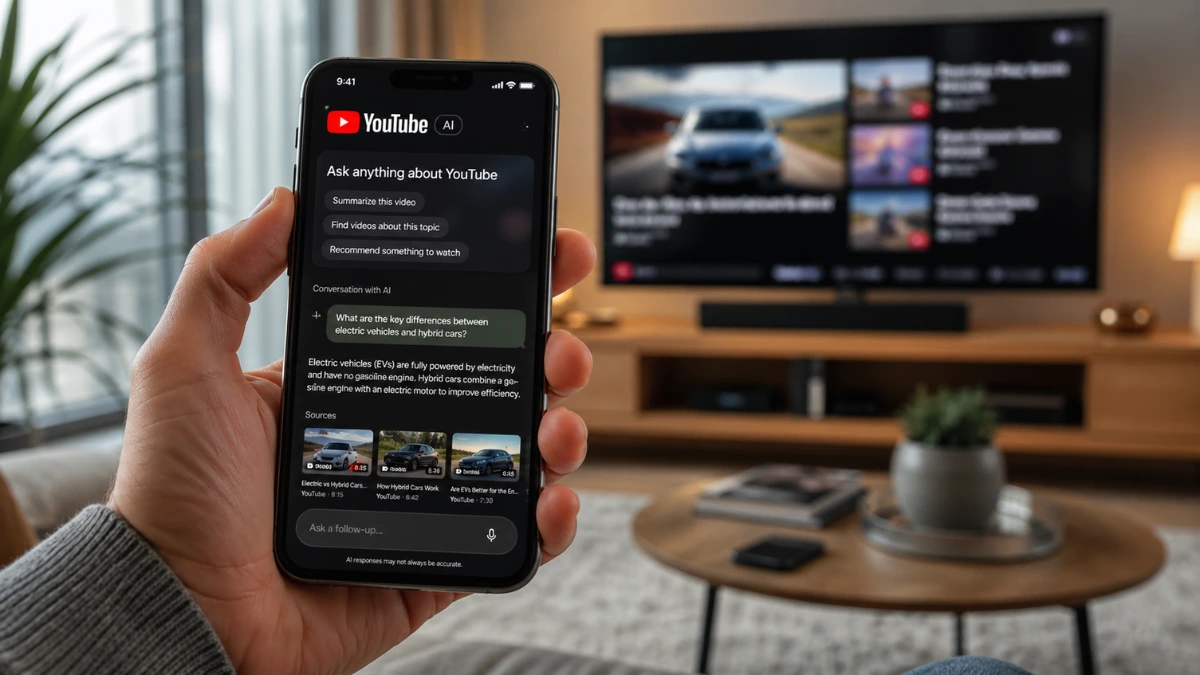 A person using a smartphone with a conversational AI search interface, representing the new Ask YouTube feature.