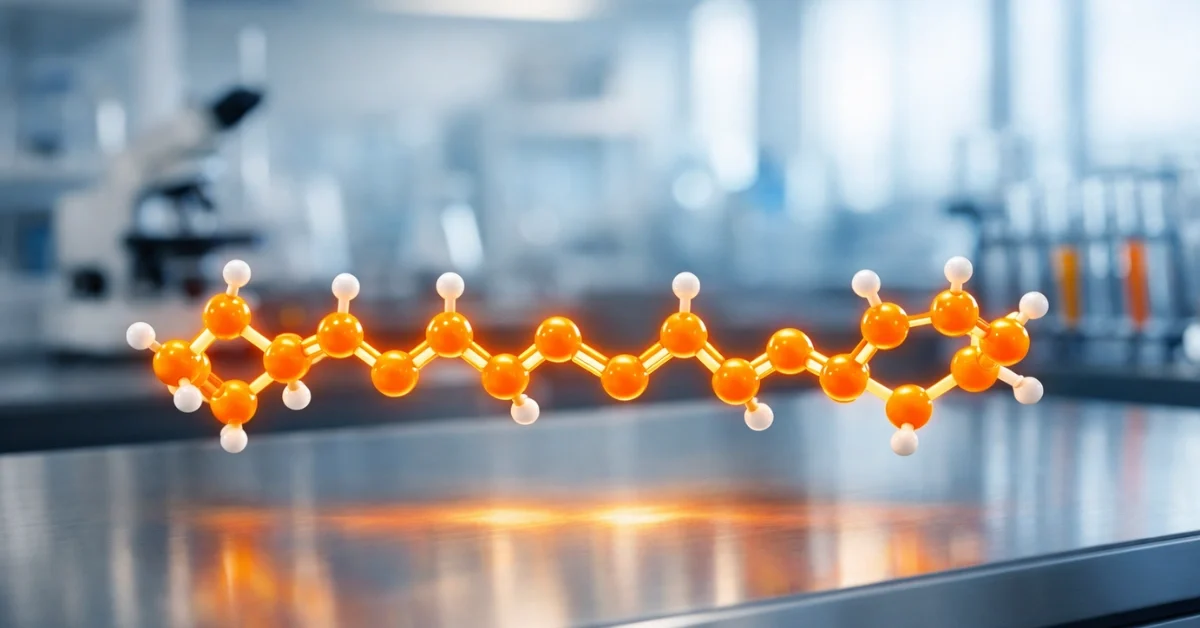 A glowing 3D molecular representation of zeaxanthin hovering above a laboratory counter in a bright, modern research facility.