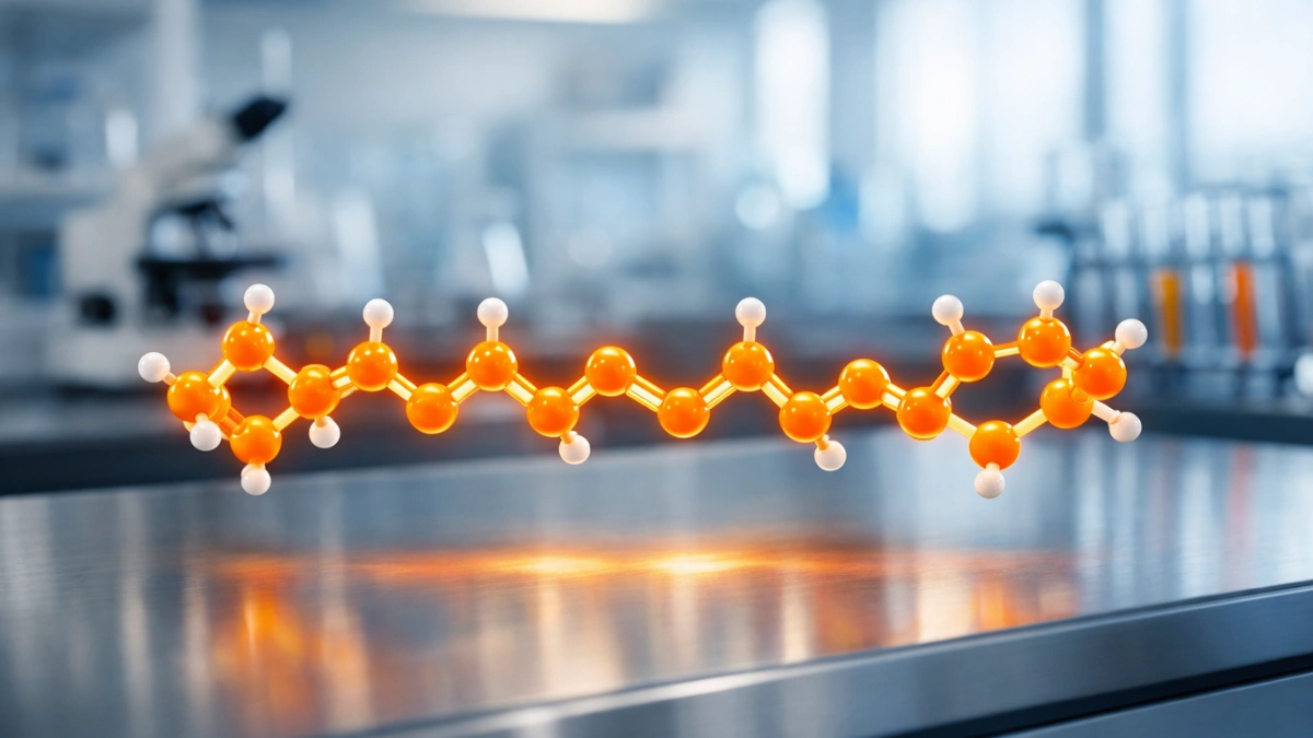 A glowing 3D molecular representation of zeaxanthin hovering above a laboratory counter in a bright, modern research facility.