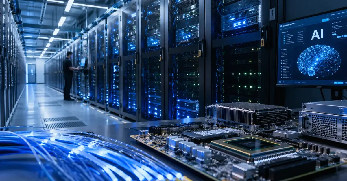 Wide view of a modern AI data center with server racks, glowing fiber-optic cables, and semiconductor hardware in the foreground.