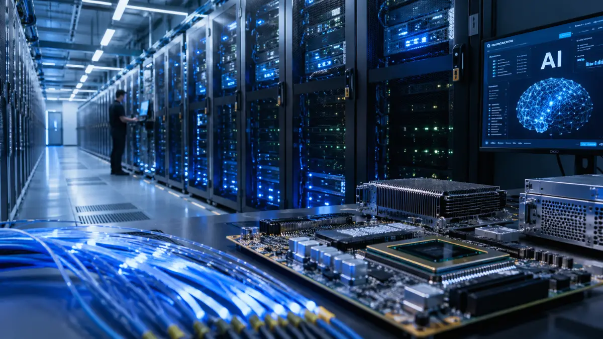 Wide view of a modern AI data center with server racks, glowing fiber-optic cables, and semiconductor hardware in the foreground.