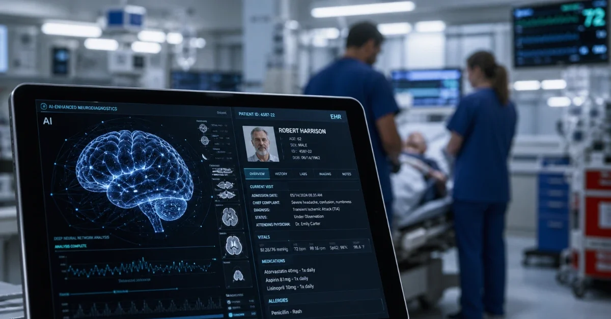 A glowing digital medical tablet displaying artificial intelligence graphics in a modern hospital emergency room.