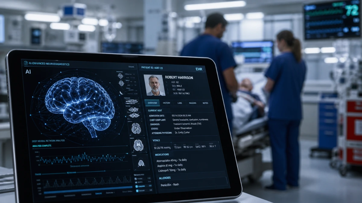 A glowing digital medical tablet displaying artificial intelligence graphics in a modern hospital emergency room.