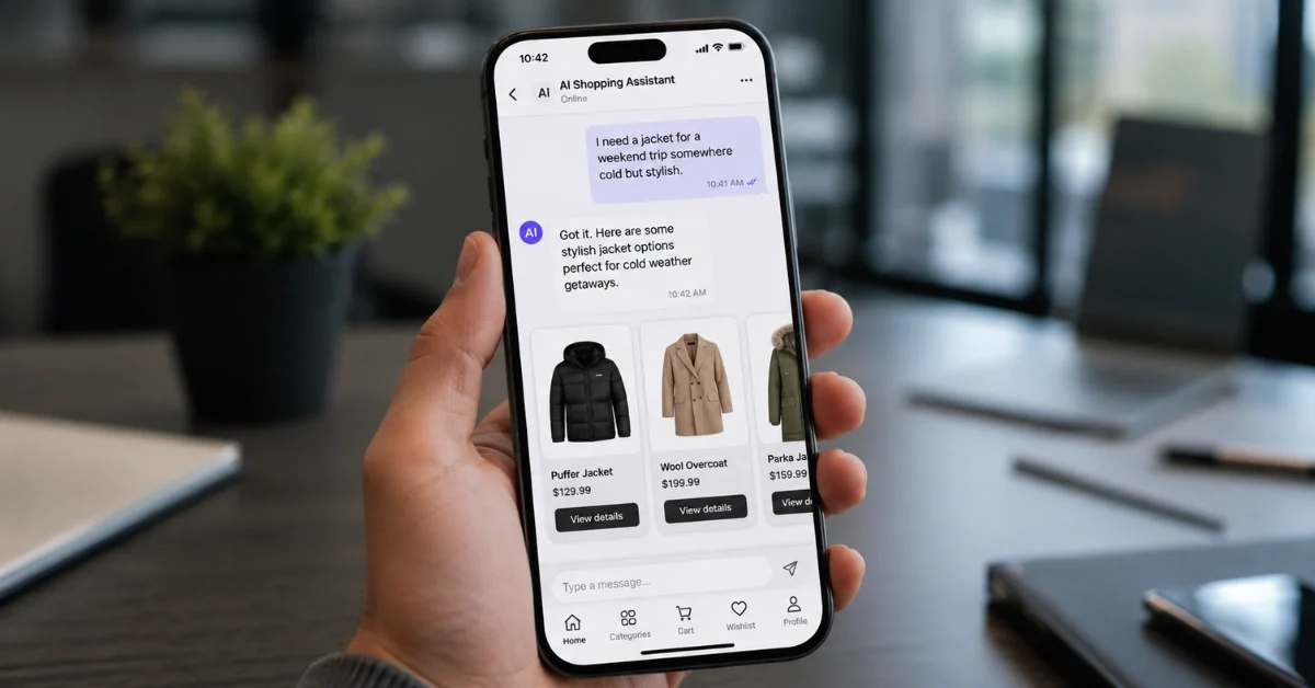 A modern smartphone displaying an artificial intelligence chat interface used for online shopping and product comparison.