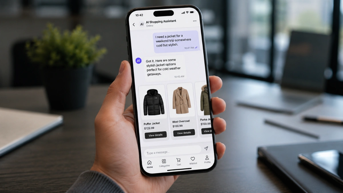 A modern smartphone displaying an artificial intelligence chat interface used for online shopping and product comparison.