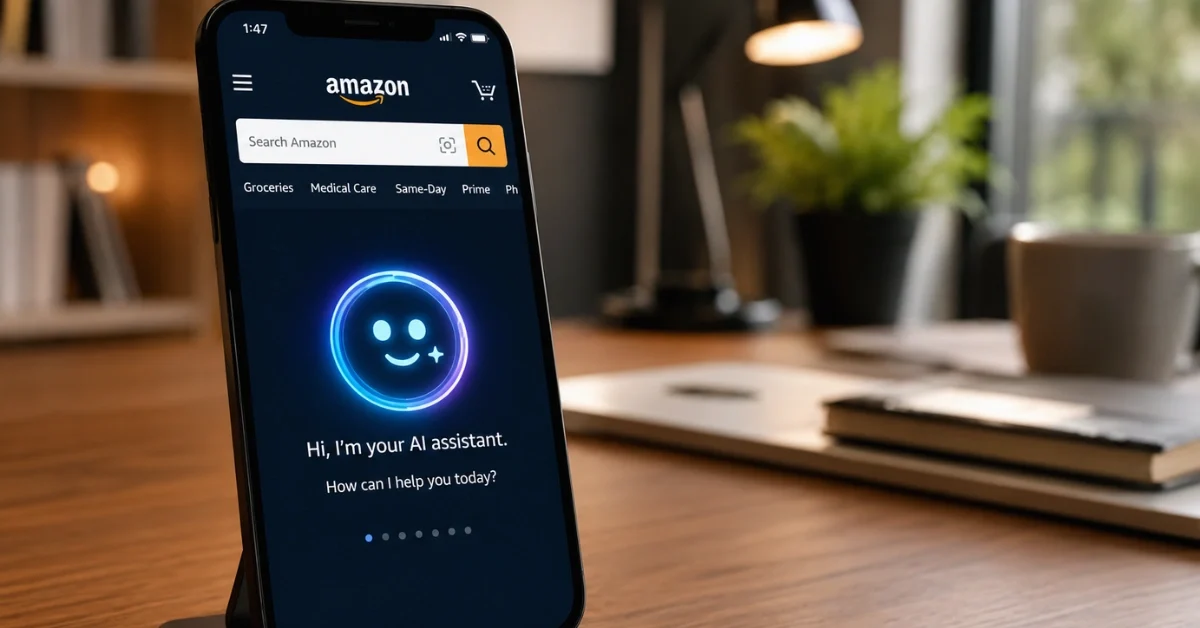 A smartphone resting on a wooden desk displaying an AI-powered Amazon search bar in a modern home office setting.