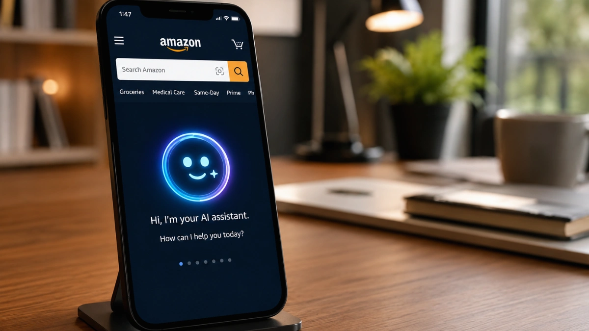 A smartphone resting on a wooden desk displaying an AI-powered Amazon search bar in a modern home office setting.