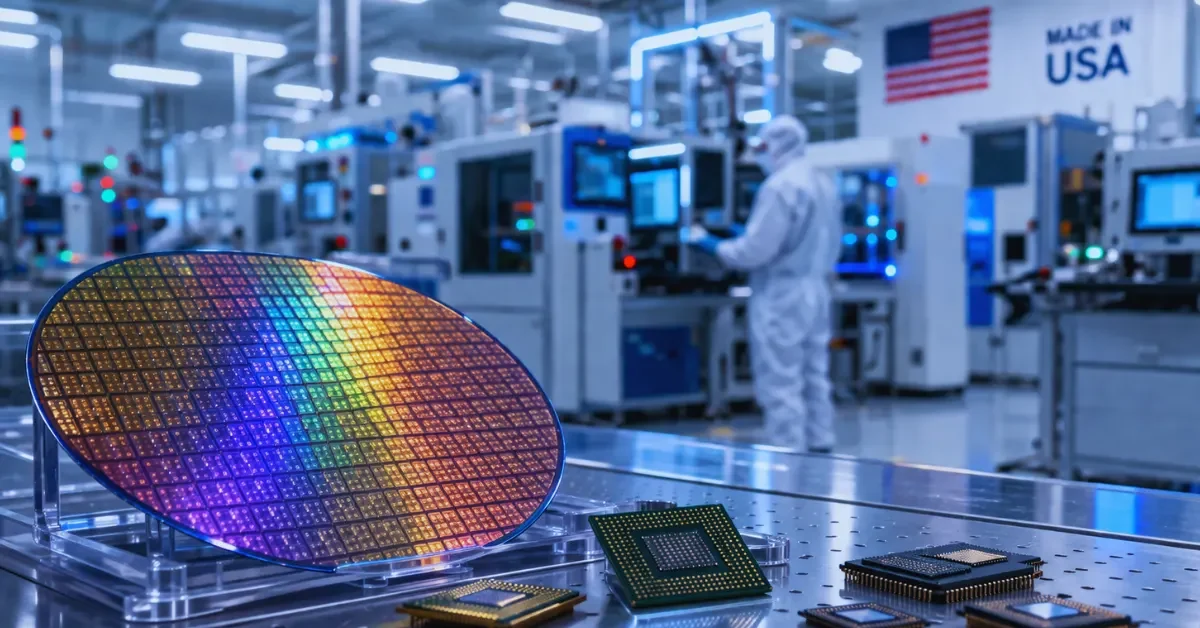 A close-up view of a high-tech silicon wafer and modern microchips on a metallic surface inside a brightly lit semiconductor manufacturing facility.