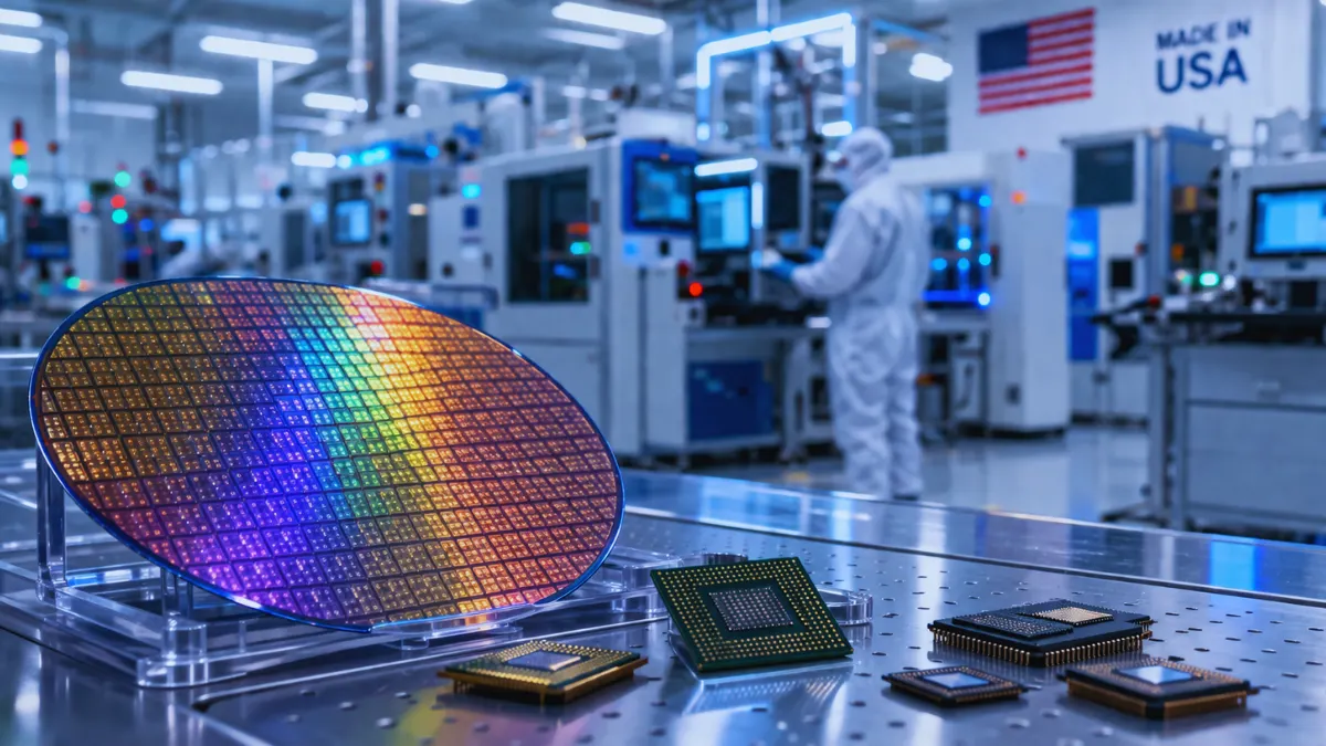 A close-up view of a high-tech silicon wafer and modern microchips on a metallic surface inside a brightly lit semiconductor manufacturing facility.